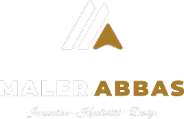 Logo mit stilisierten Dreiecken und der Aufschrift ‚Maler Abbas‘ sowie den Worten Innovation, Kreativität, Design darunter.