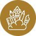 Goldfarbener Kreis mit stilisierten Pilgerutensilien, darunter eine Muschel, eine Feder und ein Ruder, die aus einer Wolke herausragen.