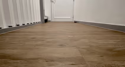 Holzbodenfliesen in einem schmalen, einfachen Flur mit weißen Wänden und einer weißen Tür am Ende.