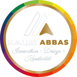Logo mit drei stilisierten Dreiecken, Text ‚Maler Abbas‘ und Slogan ‚Innovation · Design · Kreativität‘ in einem farbigen Kreis.