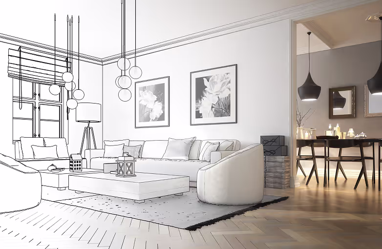 Halb gezeichnetes, halb fotorealistisches Wohnzimmer mit Sofa, Sesseln, Teppich und angrenzendem Essbereich mit hängenden Lampen.